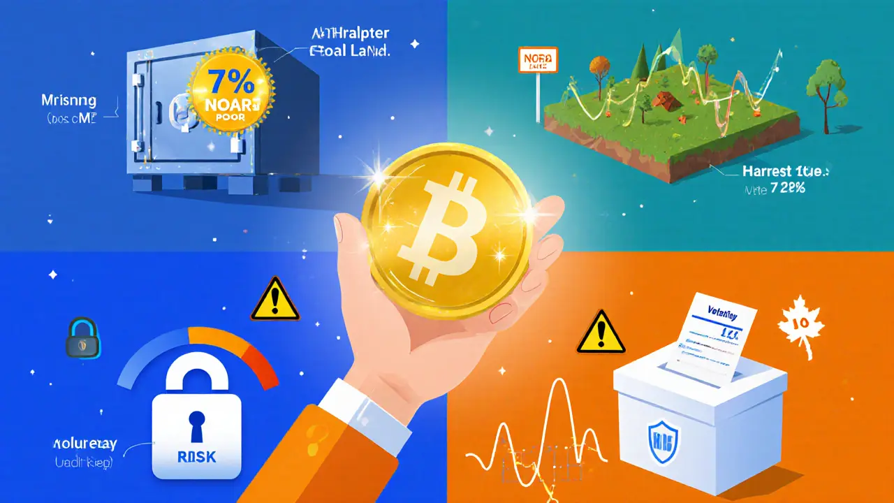 Cartoon editorial image of post‑claim NORA options: staking, land, liquidity, voting, with risk icons.