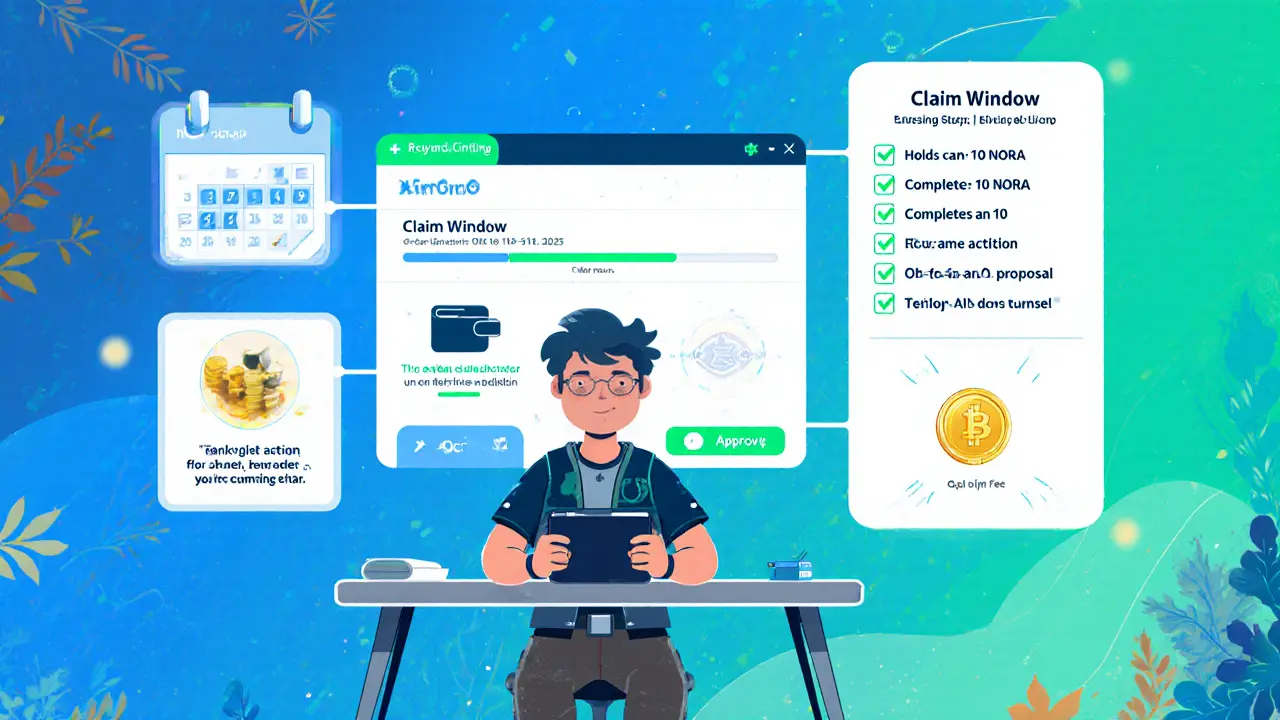 Cartoon editorial scene showing a user claiming NORA via the SnowCrash portal with checklist steps.
