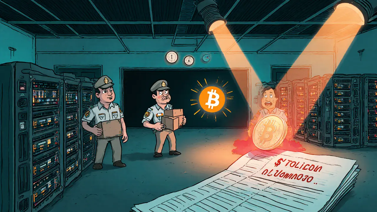 Cartoon raid on a hidden crypto mining farm in Dhaka with police seizing rigs and Bitcoin.