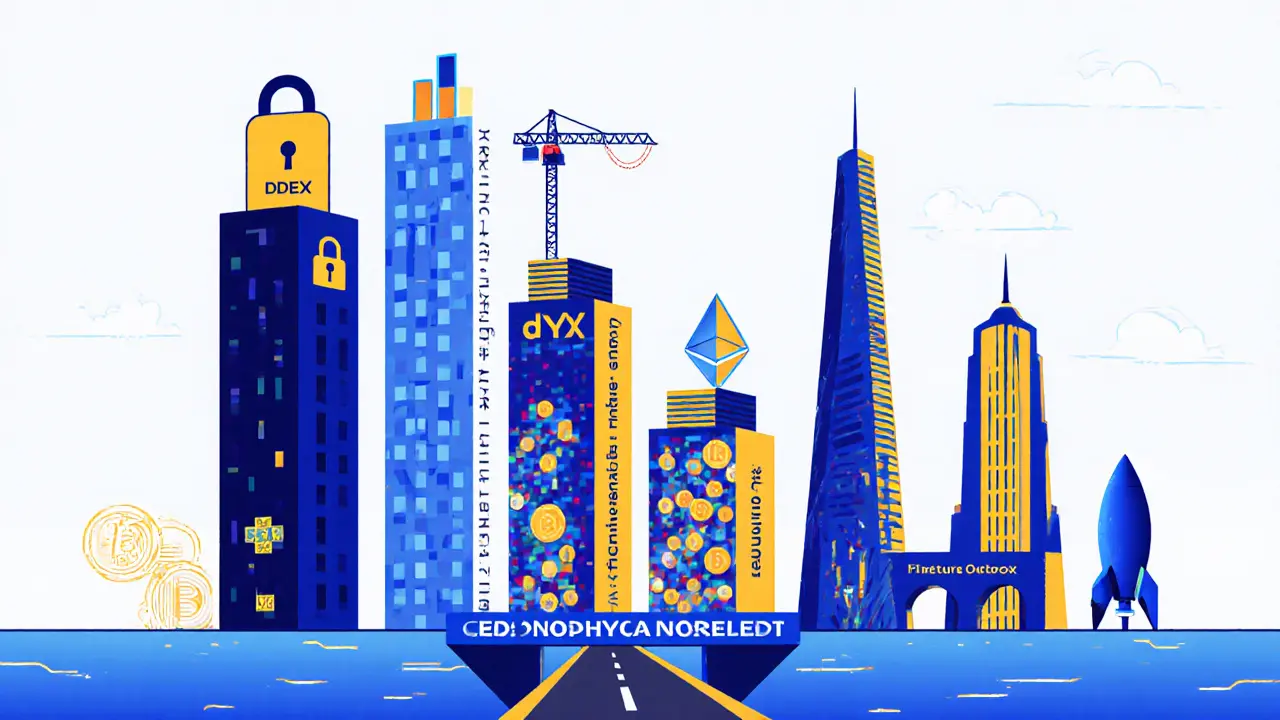 Comparative cartoon chart of DDEX vs other DEXs showing fee, leverage, privacy, and future scaling roadmap.