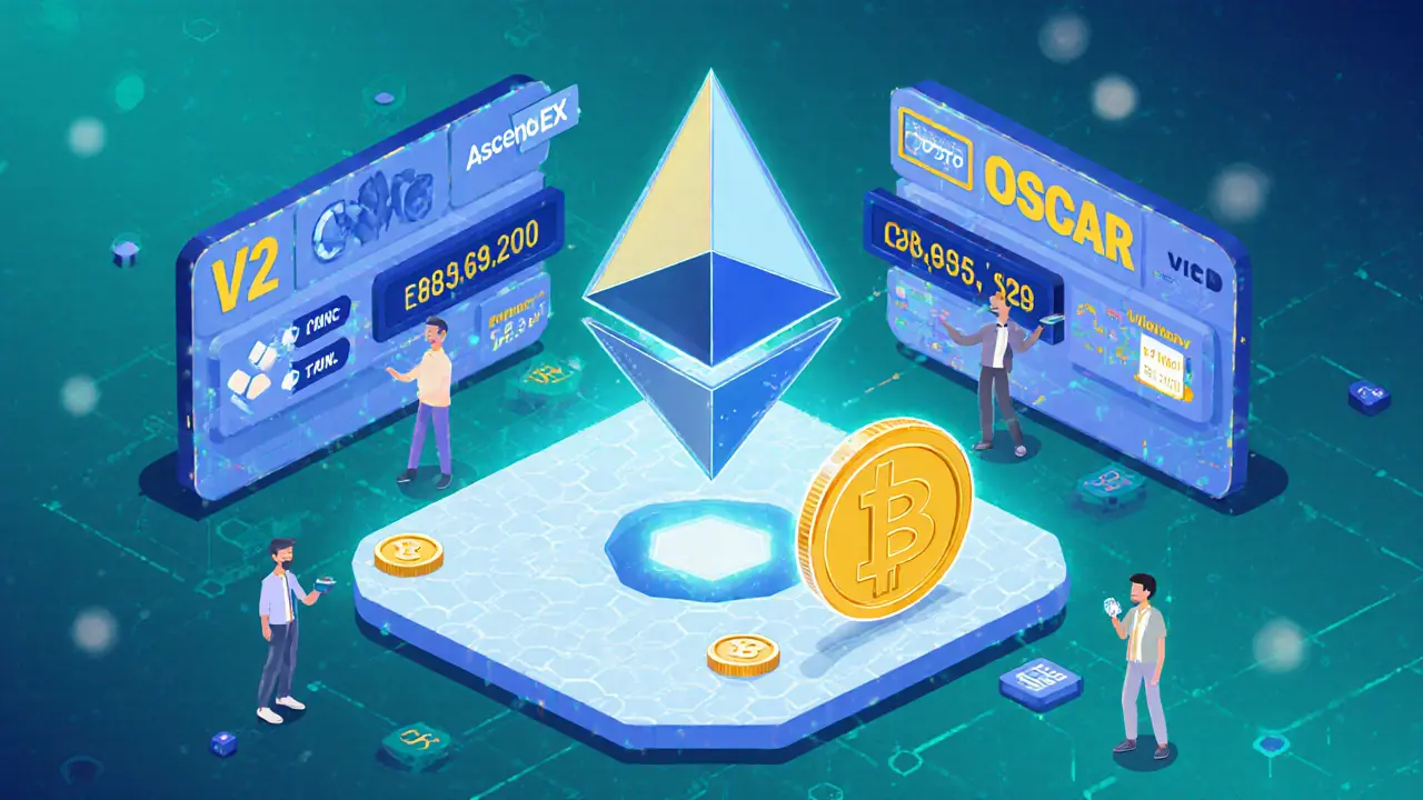 Ethereum logo with ERC‑20 badge and traders swapping OSCAR on DEX and CEX.