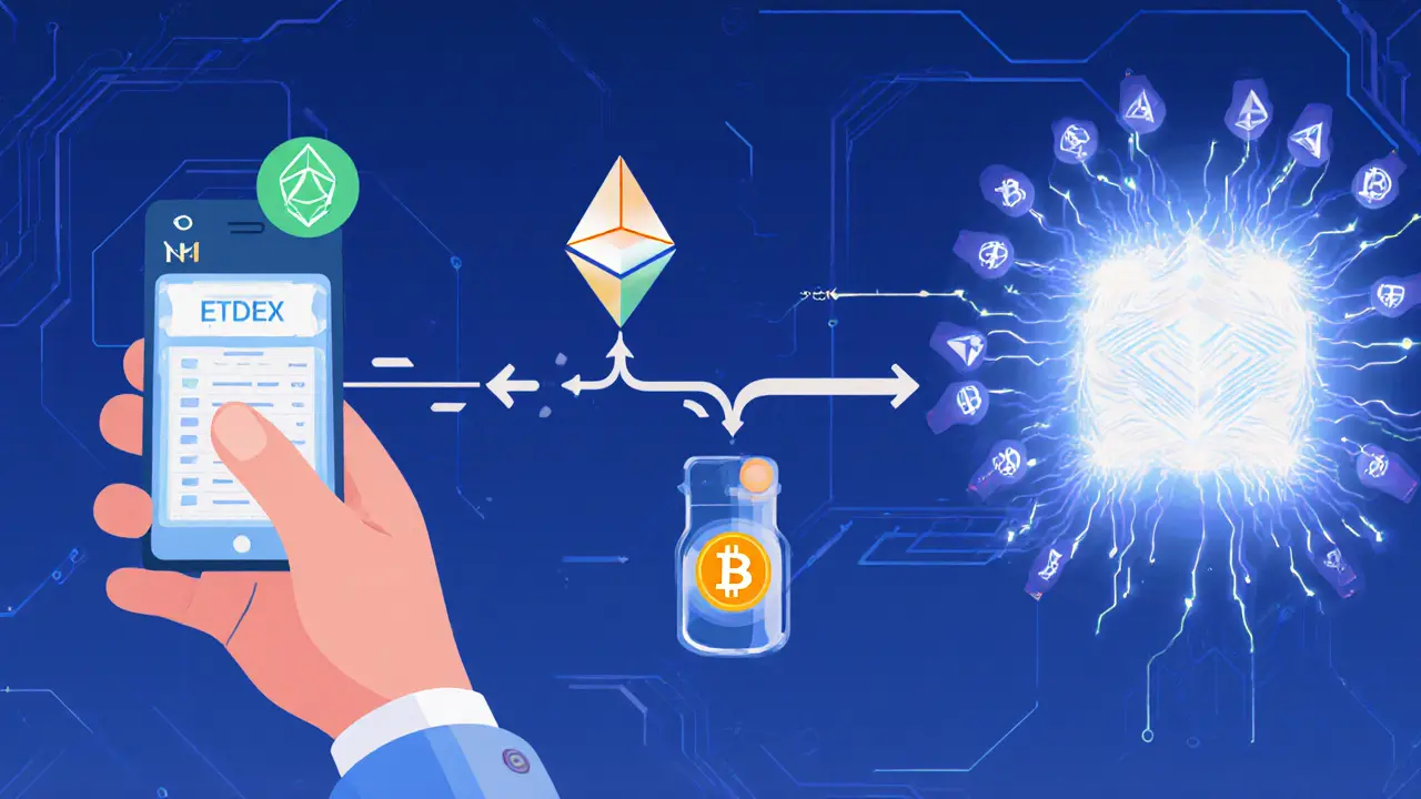 Illustration of DDEX trade flow: wallet, order book, matching, smart contract swap, with gas fee symbols.