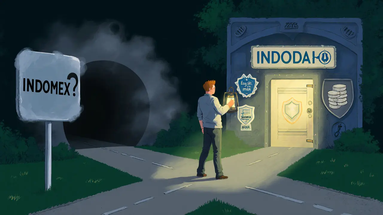 Investor at a forked road, choosing bright Indodax path with security symbols over foggy INDOMEX route.