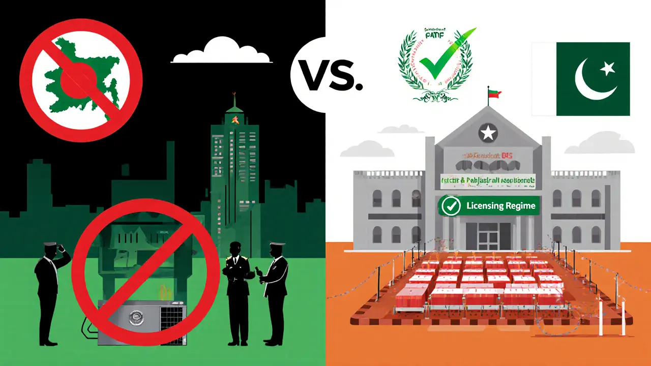 Split‑screen cartoon contrasting Bangladesh&#039;s crypto ban with Pakistan&#039;s supportive regulator.
