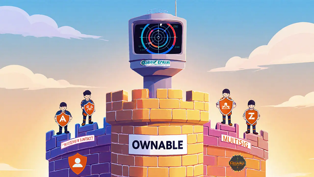 Cartoon castle wall showing layered access controls and monitoring alerts.