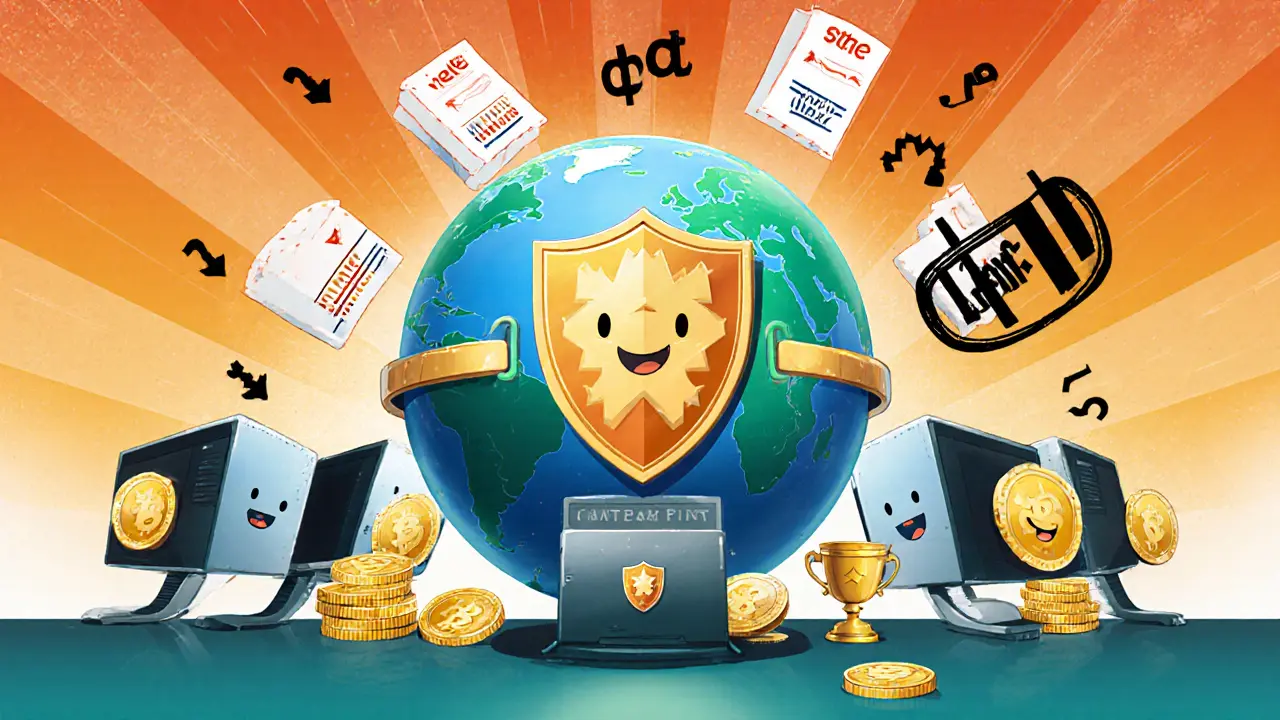 Cartoon illustration of nodes protecting a globe with voting and reward symbols.