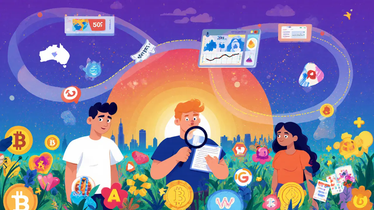 Diverse Australian traders exploring a garden of many crypto tokens and NFTs, with a roadmap for future updates.