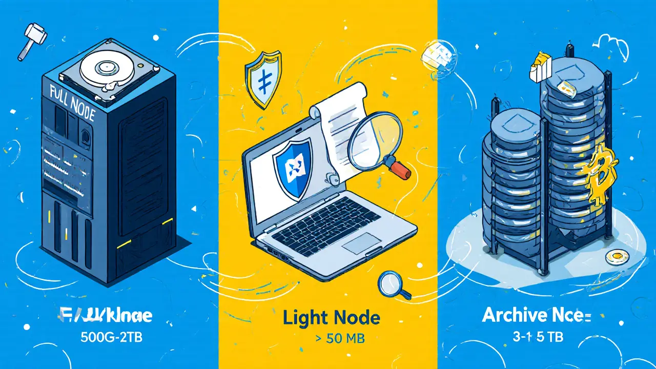 Editorial cartoon showing full, light, and archive blockchain nodes with storage icons.