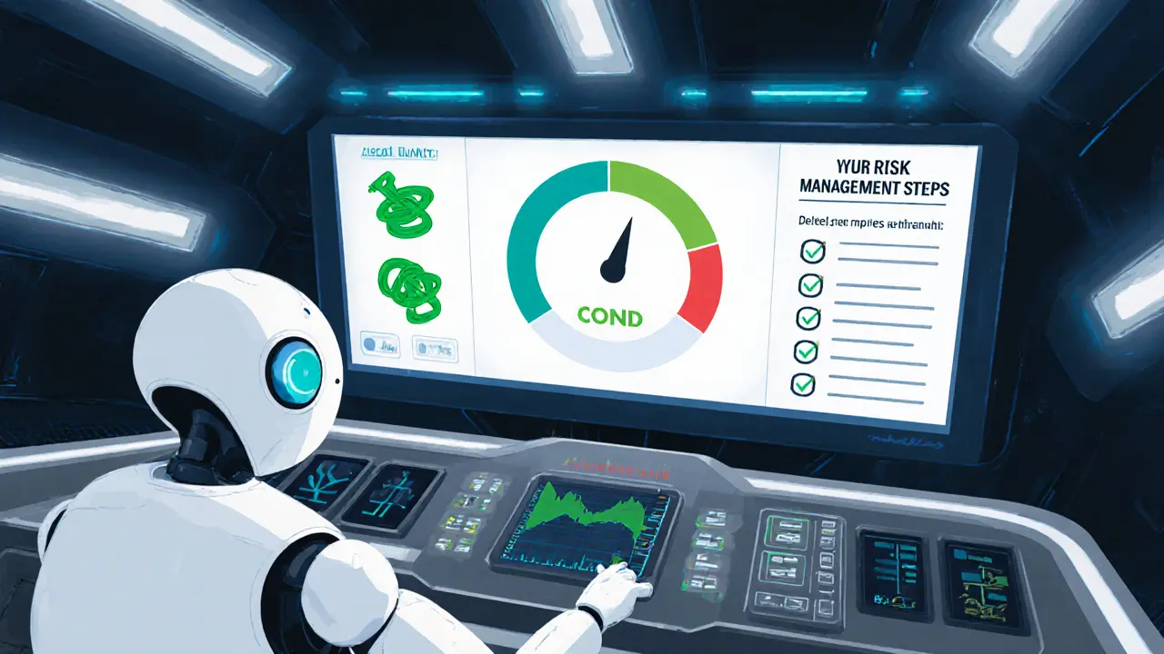 Futuristic control room with AI robot monitoring a diversified portfolio dashboard.