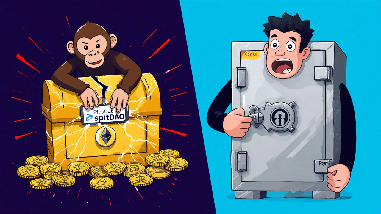 Illustration of DAO and Parity hacks showing treasure spilling and a locked safe.