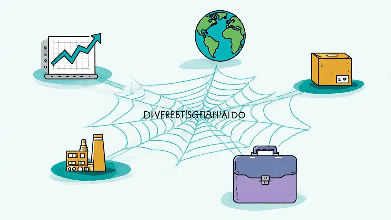 Spider‑web diagram showing icons for asset, geographic, product, supplier, and operational diversification.