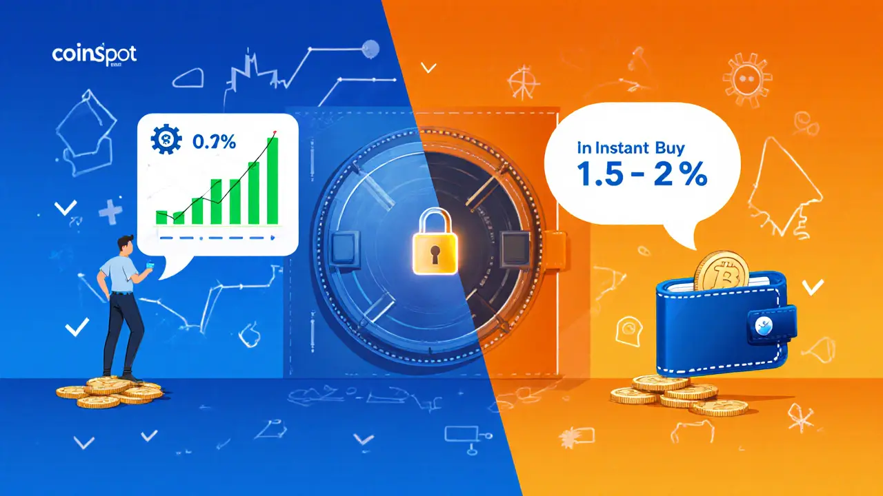 Split illustration showing low-fee market order on one side and higher-fee instant buy on the other, plus a cold‑wallet vault.