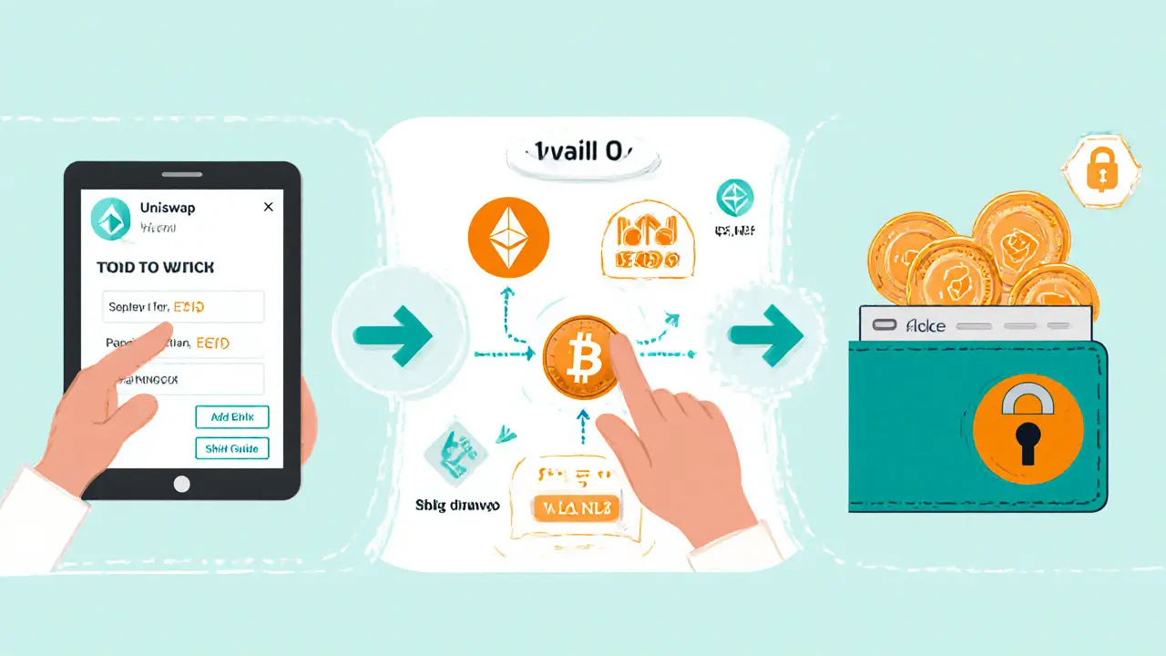Step‑by‑step cartoon of a user swapping ETH or BNB for ELAND on Uniswap and PancakeSwap using a wallet.