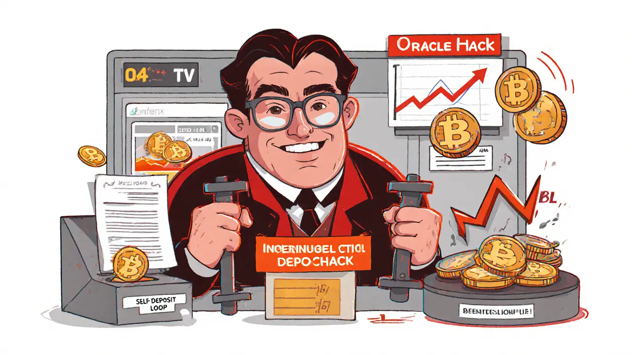 Cartoon showing a mastermind manipulating TVL with loops, price spikes, and reward bursts.