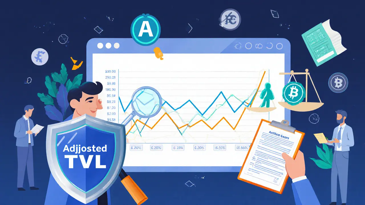Detective analyst inspecting a TVL chart while auditors, regulators, and balanced metrics appear.