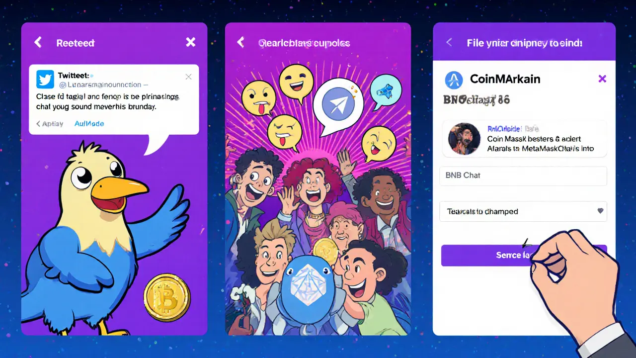 Three‑panel cartoon showing retweet, joining Telegram, and submitting wallet address.