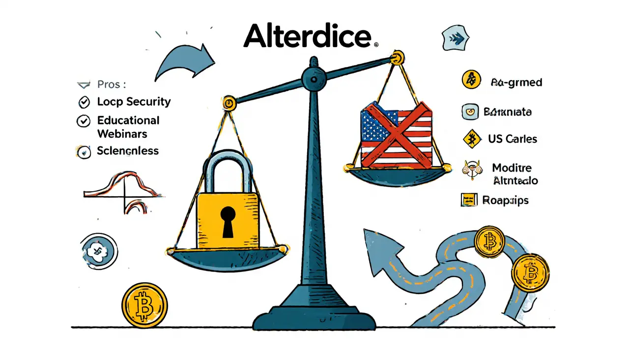 Balanced scale showing Alterdice pros and cons with icons for security, fees, and future outlook.