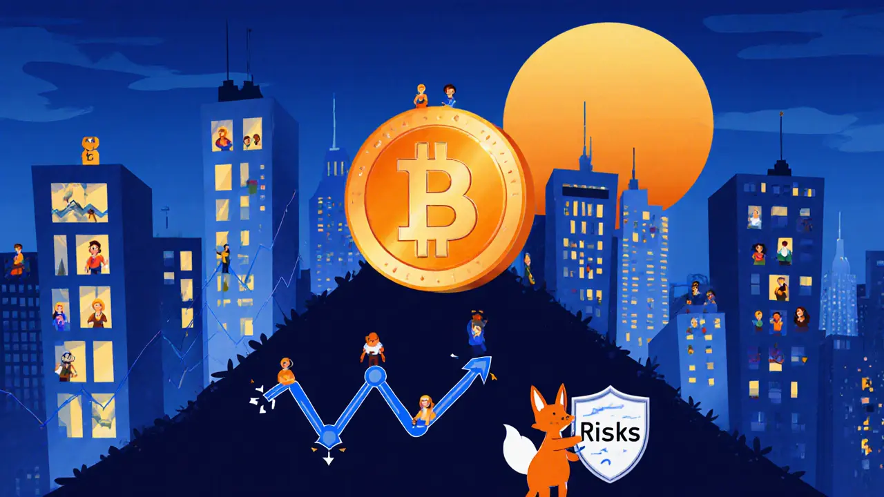 Cartoon cityscape of PORT3 token buildings, rising chart hill, and a fox guardian symbolizing risks.