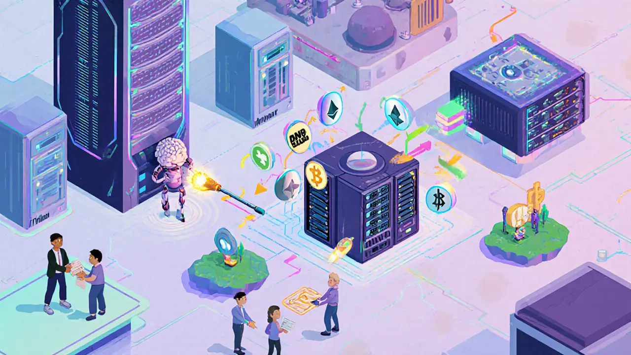Cartoon factory floor showing AI Data Layer, DeCalc GPU rigs, OpenBQL query wand, and SoPad launchpad.