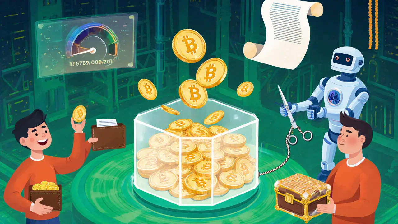 Cartoon token pool with providers depositing, borrowers receiving loans, and a liquidation robot.