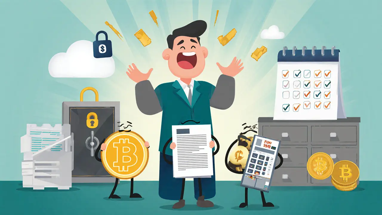 Celebratory cartoon of taxpayer with crypto tax software mascots and secure cloud vault.