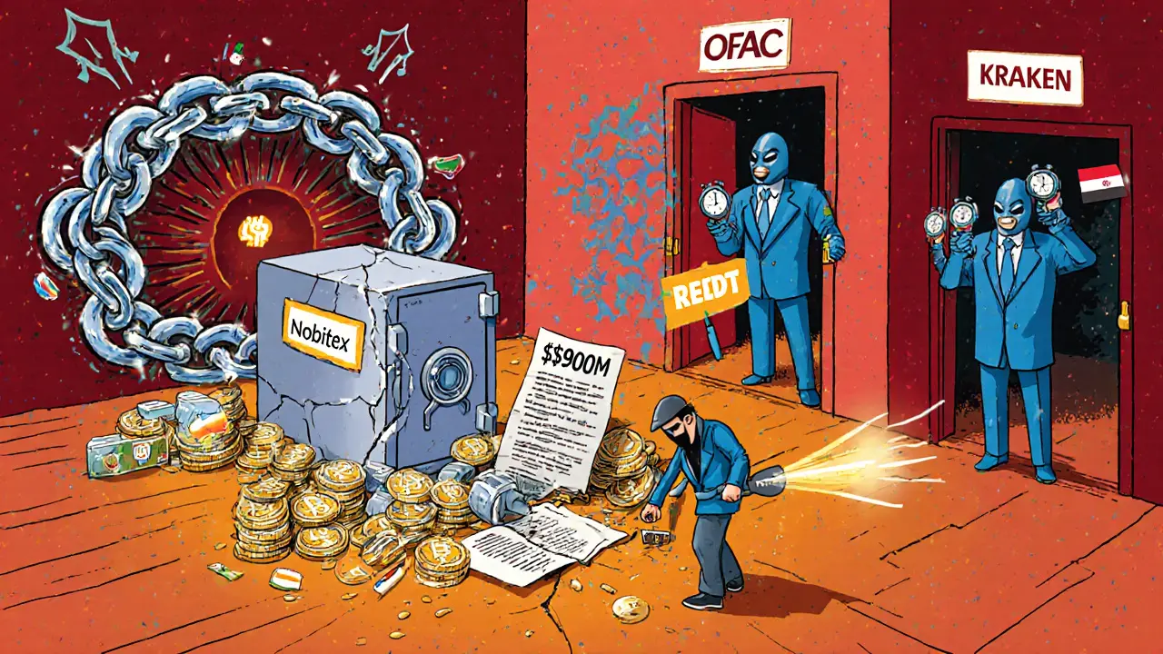 Chaotic scene of hacked Nobitex safe, Tether freeze chains, and blocked exchange doors.