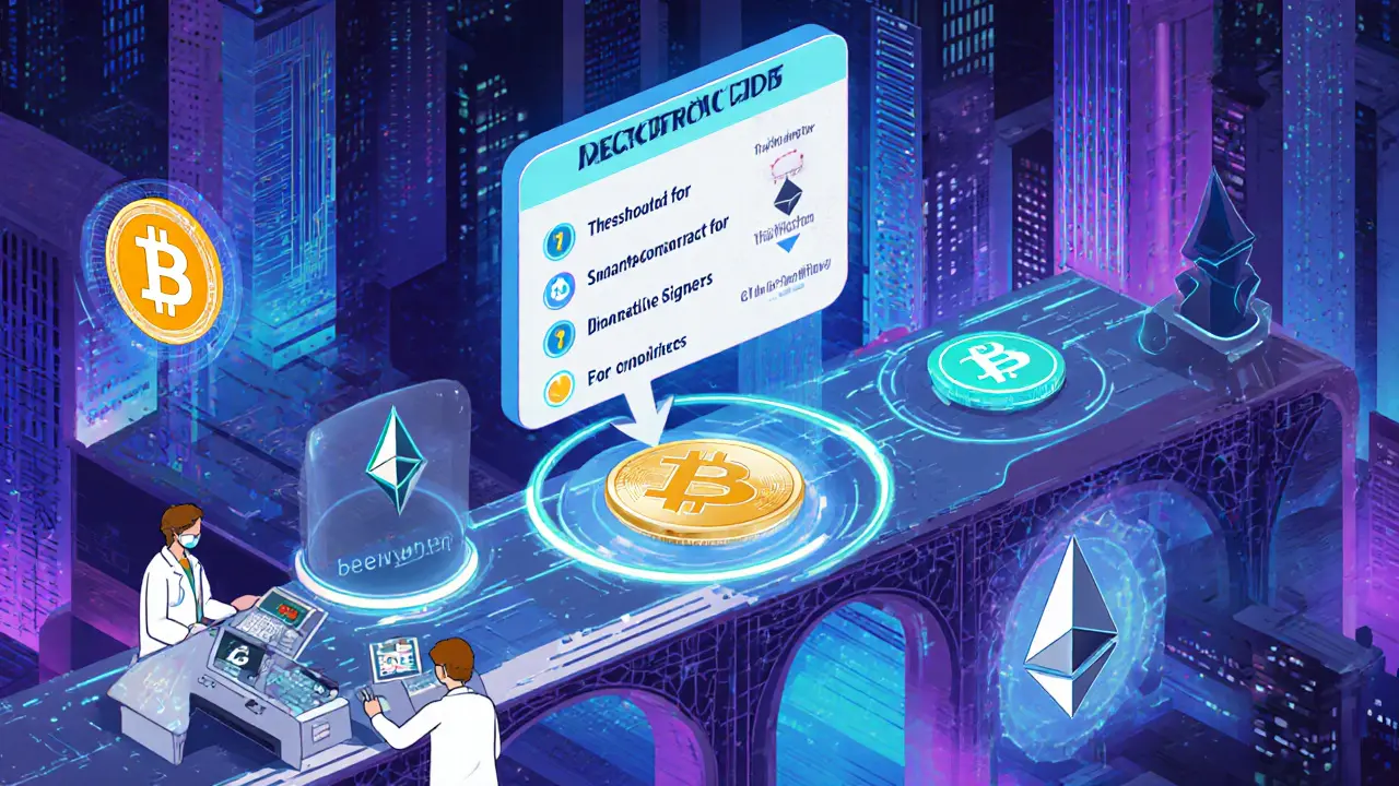 Futuristic city shows cross‑chain bridges and multi‑signature controls.