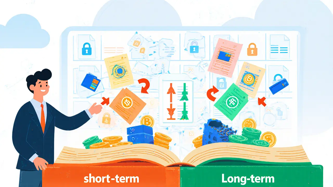 Step‑by‑step cartoon of crypto tax workflow with short‑term and long‑term tables.