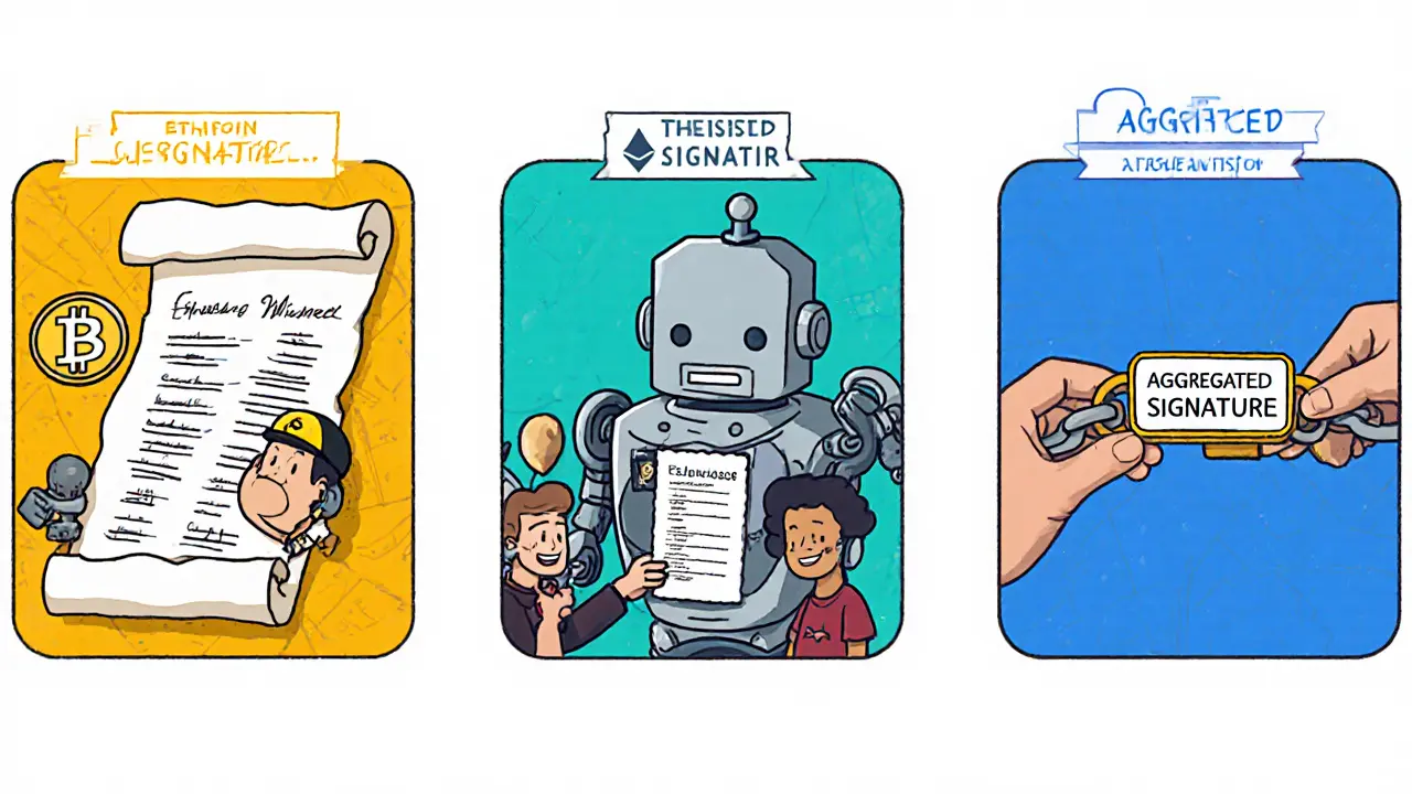 Three panels compare Bitcoin, Ethereum, and threshold signature methods.