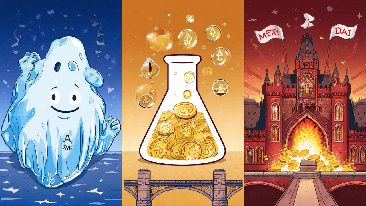 Three side‑by‑side cartoon panels depicting Aave iceberg, Compound beaker, and MakerDAO castle.
