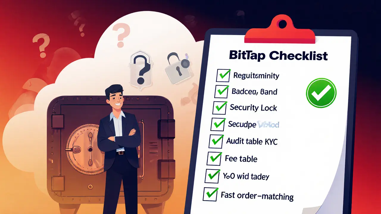 Trader reviews a checklist of security and regulatory items for BitTap.