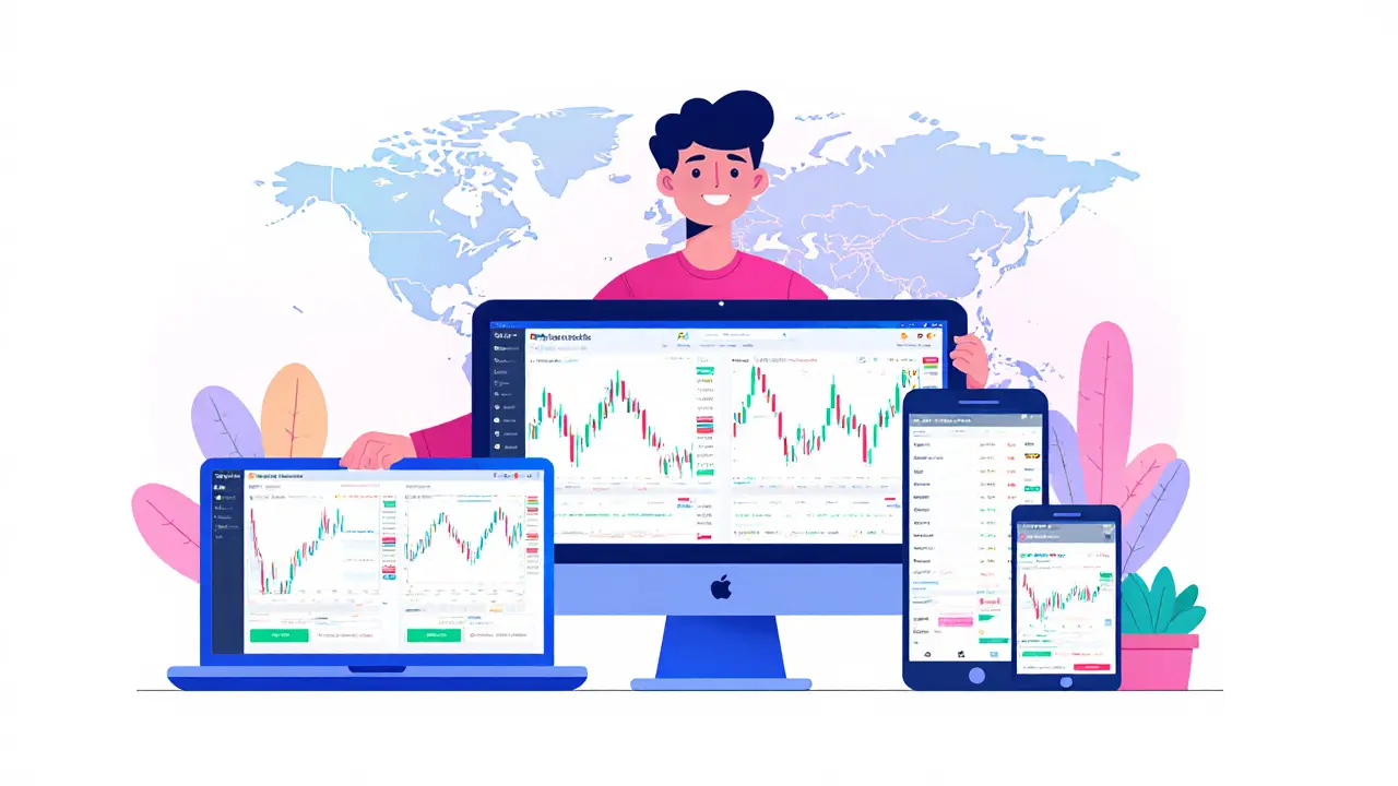 Trader using laptop, tablet, and phone showing the same Alterdice interface.