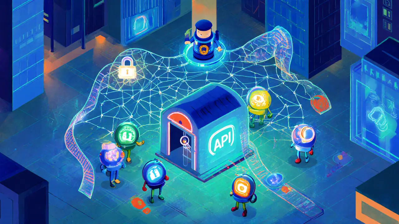 API gateway toll booth directing microservice traffic, wrapped in a service mesh net with zero‑trust sentinel.