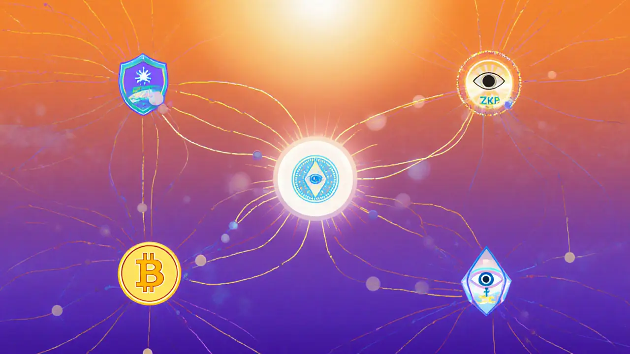 Future DAO network with nodes showing staking, ZKP badges, and AI monitoring icons.