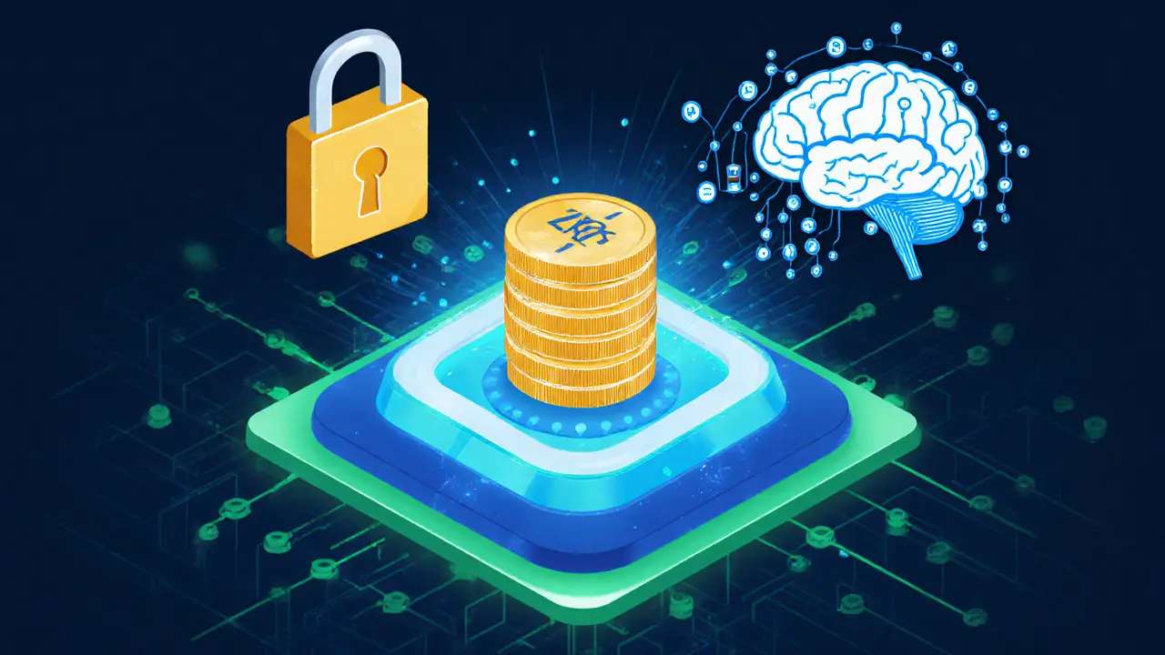 Illustration of layered shield with staking coins, ZKP symbol, and AI brain scanning transactions.
