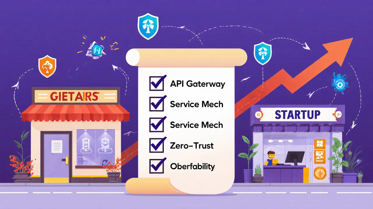 Retail store, fintech kiosk, and startup office built from modular blocks with a checklist of security tools.