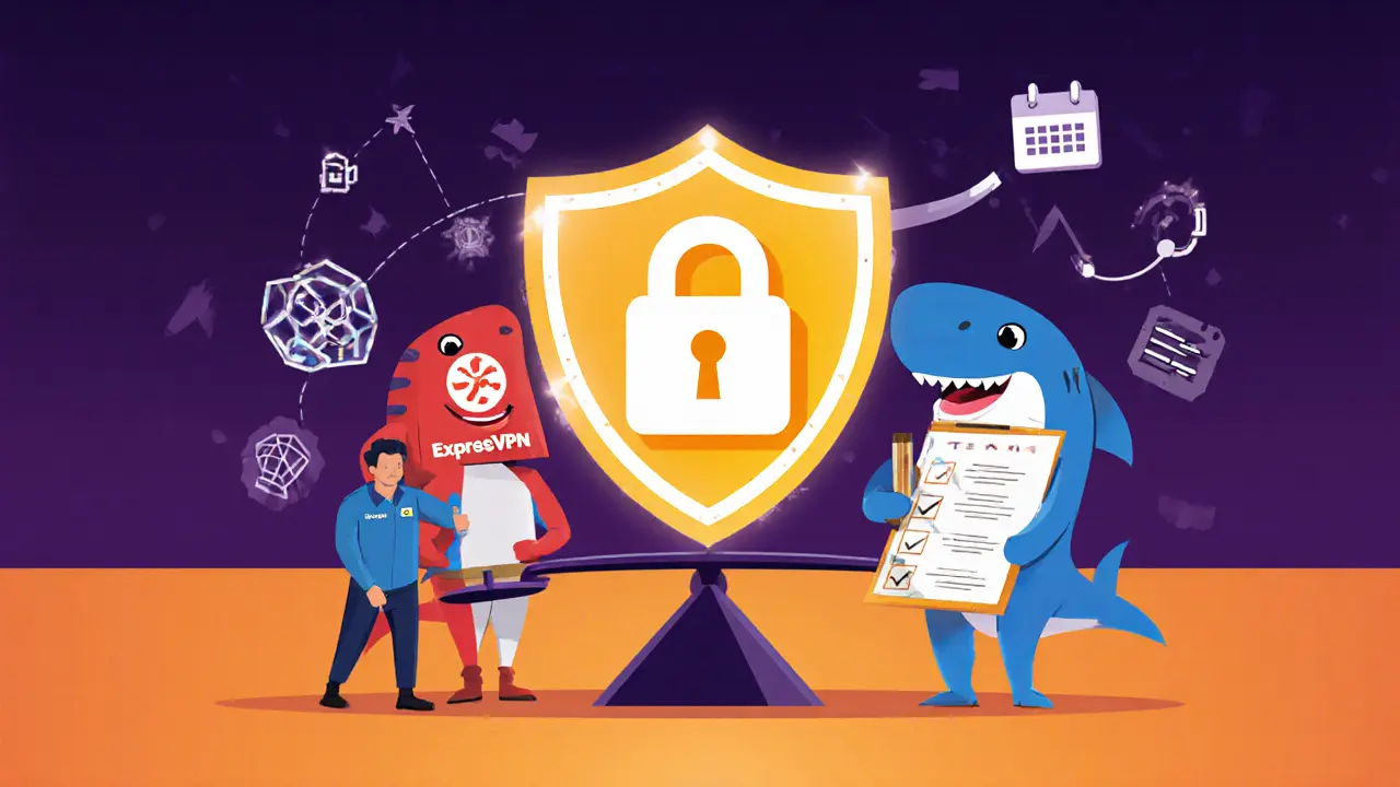Cartoon scene of three VPN mascots behind a shield, balancing privacy and compliance on a scale with a future timeline.