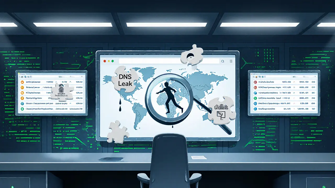 Illustrated exchange security room scanning a jumping user silhouette with IP list, DNS leak droplet, and fingerprint puzzle.
