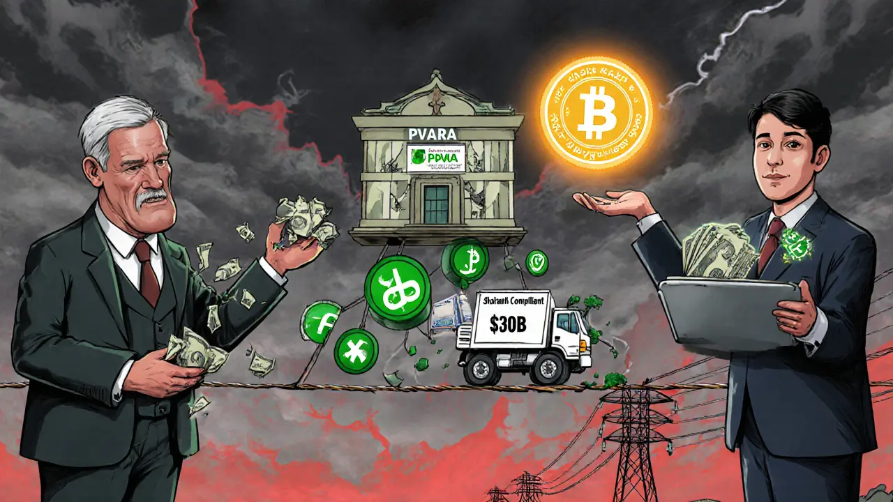 Illustration of SBP vs PVARA tug‑of‑war, crypto exchange on tightrope with fiat and remittance.