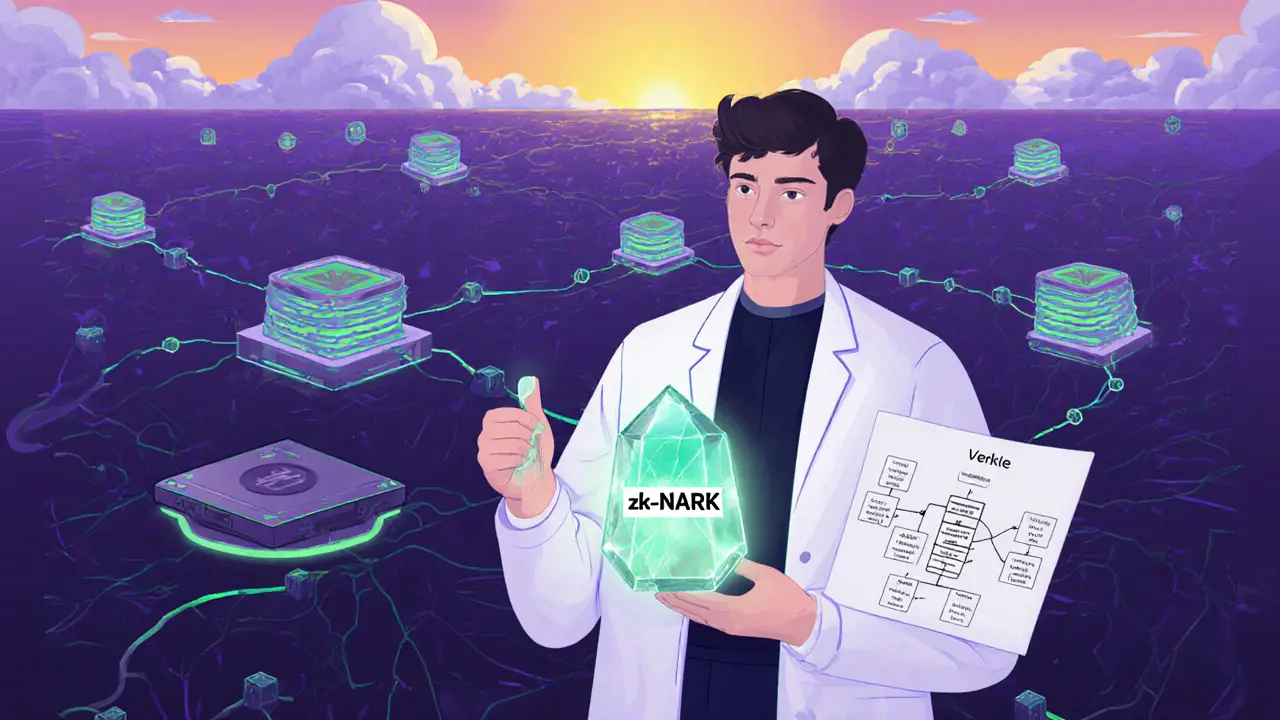 Researcher holding zk‑SNARK crystal next to a weightless future node under a sunrise.