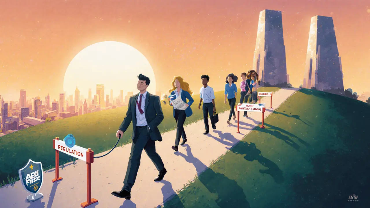 Roadmap scene with executives climbing toward a futuristic finance city, overcoming hurdles.