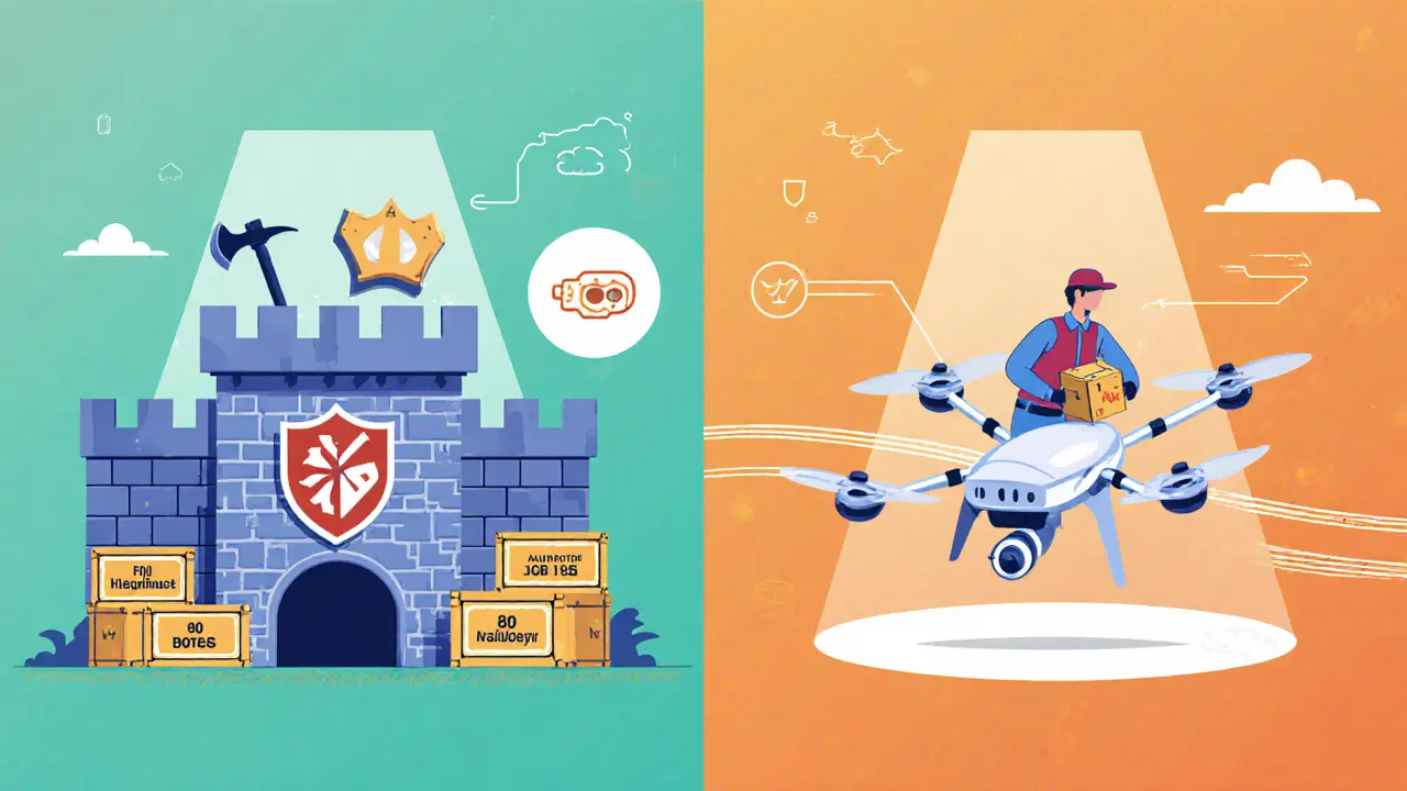 Side‑by‑side illustration of a fortress‑like full node and a fast light‑node drone with icons.