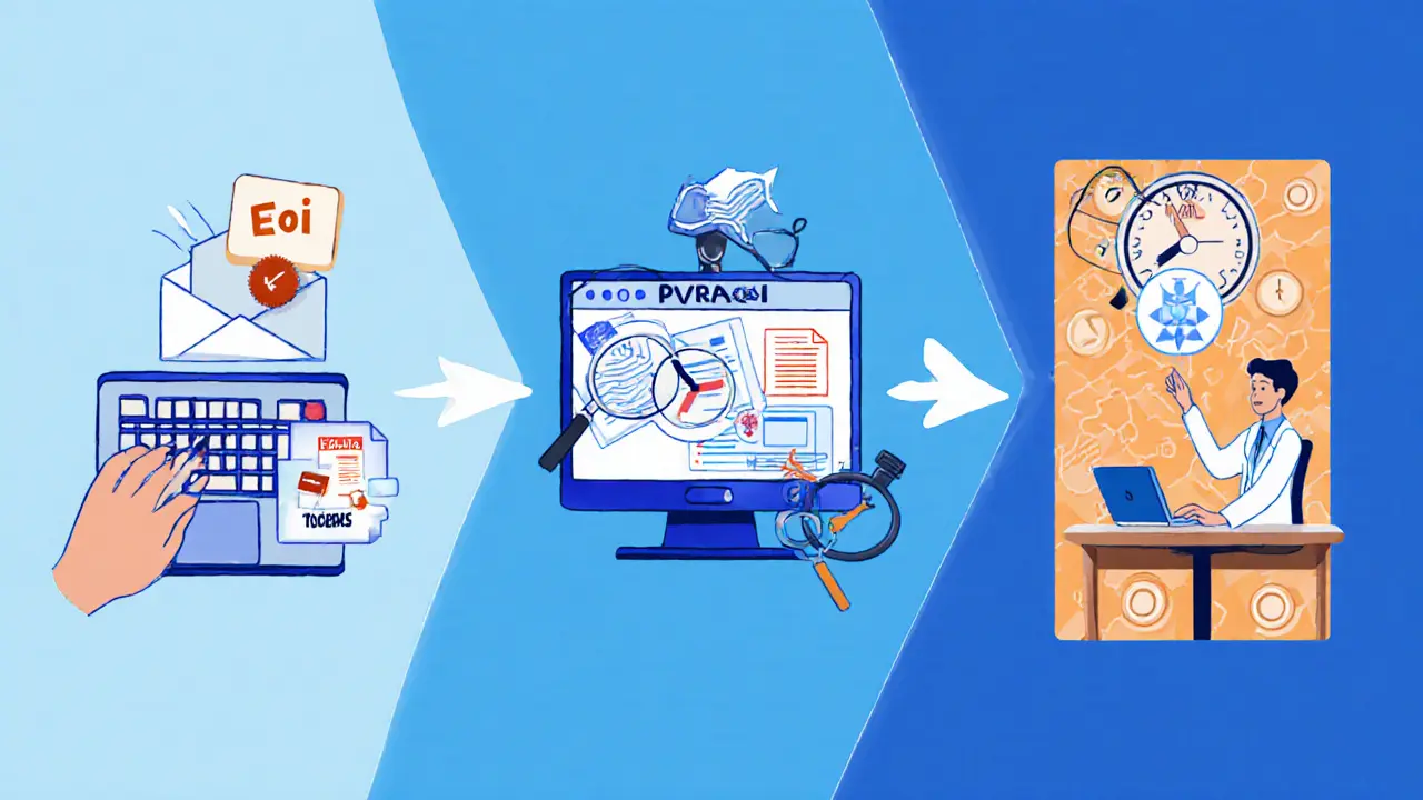 Three comic panels showing EoI email, pre‑screening review, and document upload with audit.