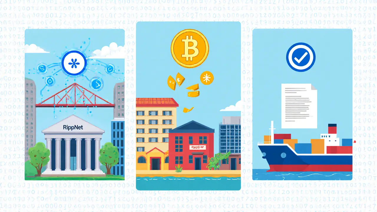 Triptych showing cross‑border payments, asset tokenization, and blockchain trade finance.