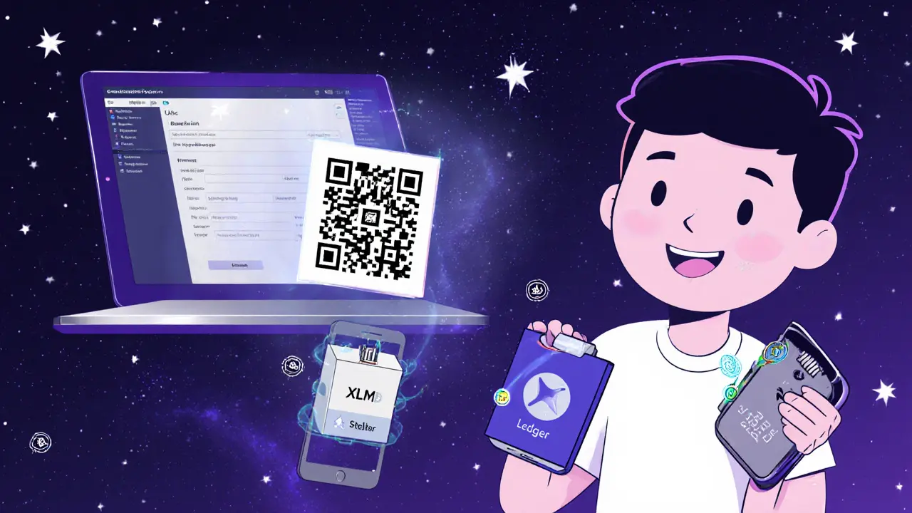 Avatar connects Ledger and Trezor devices, QR code links to mobile wallet, transaction signs locally.