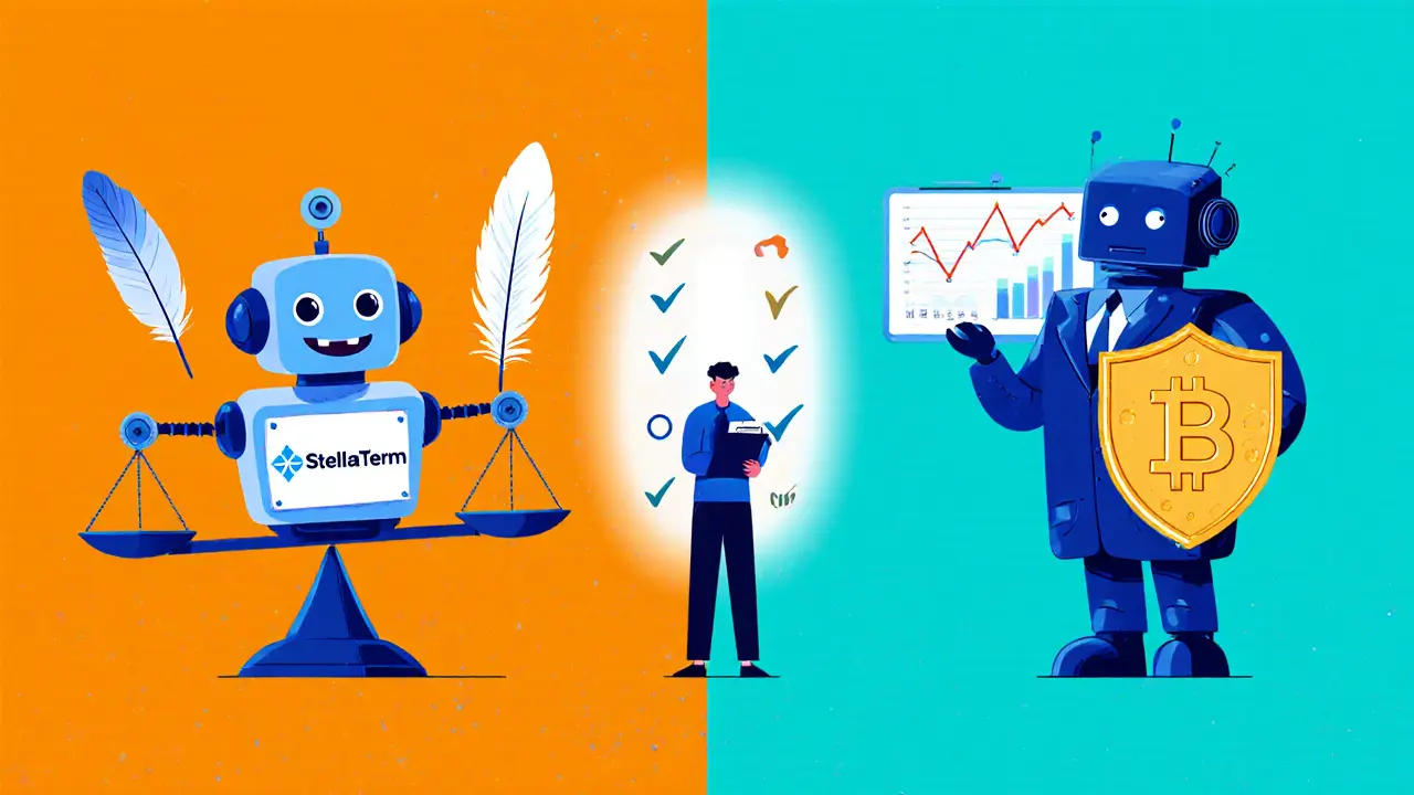 Cartoon comparison of StellarTerm&#039;s low fees and security versus a flashy centralized exchange.