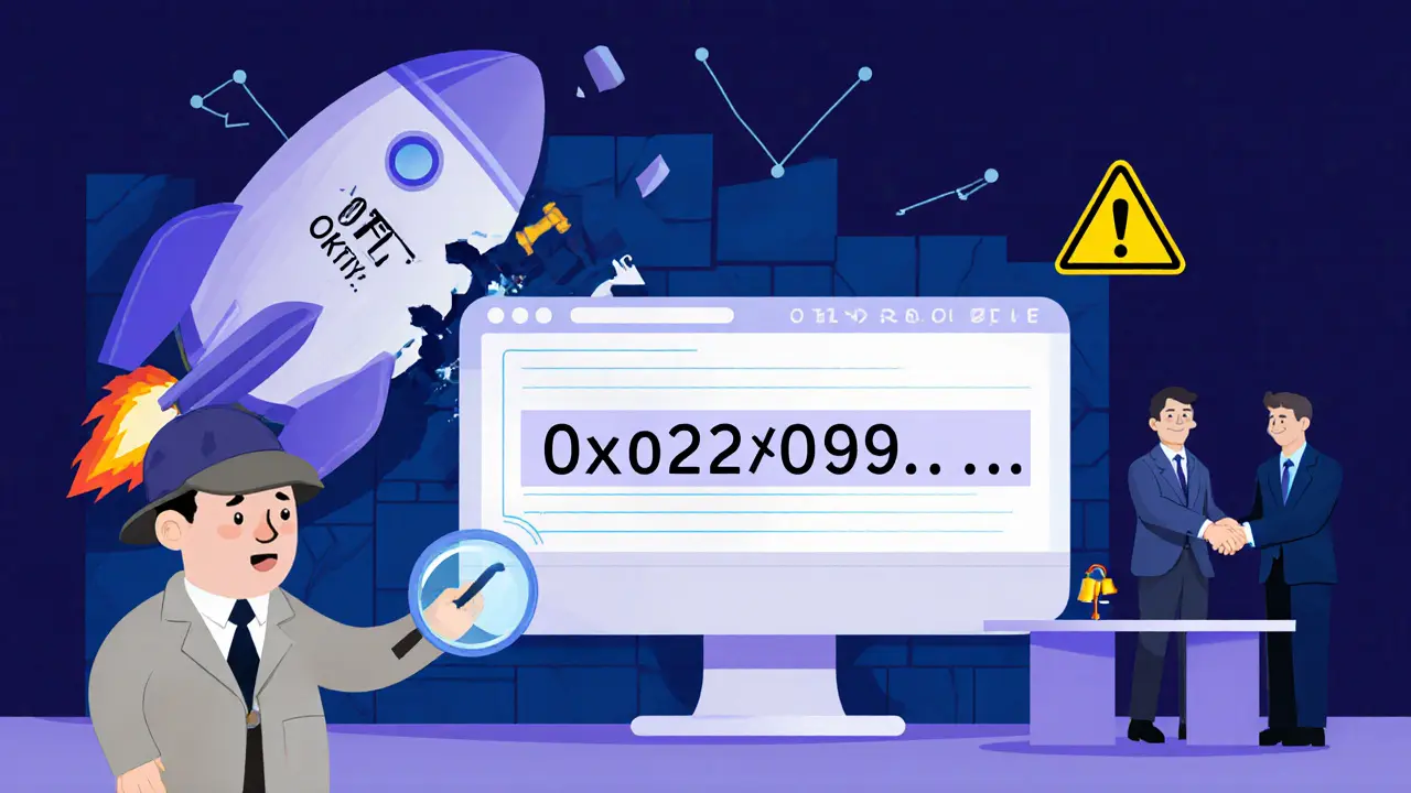 Cartoon investor examining OKFLY contract address with broken rocket and OTC deal warnings.