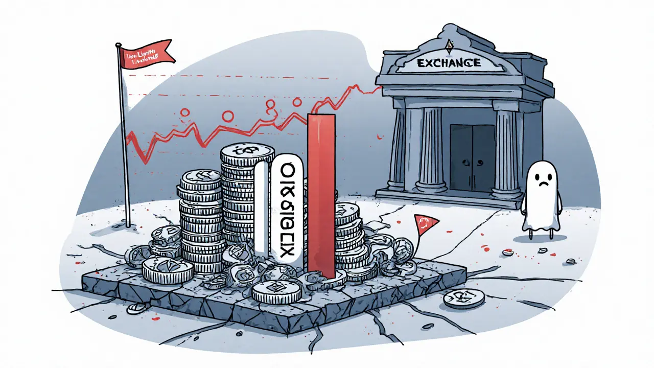 Cartoon showing massive OKFLY token stack, flat price chart, and empty exchange building.