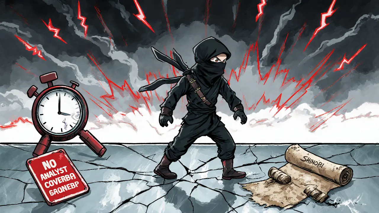 Cautious ninja amid red warning signs, thin liquidity, and volatile market symbols.