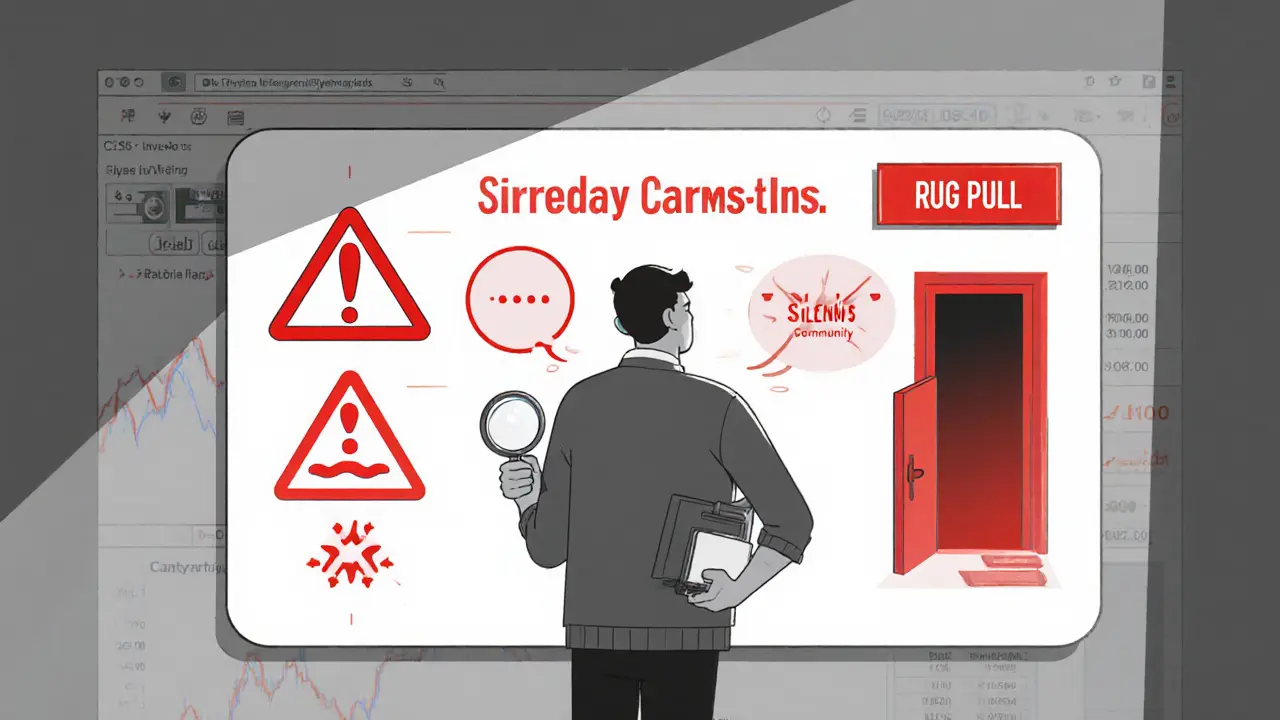 Investor examining red flags like low liquidity and rug pull on a risk board.
